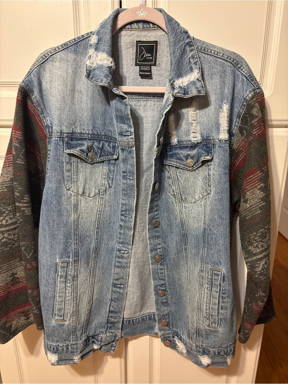 Diana by Design Upcycled Distressed Denim Jacket with Aztec Sleeves